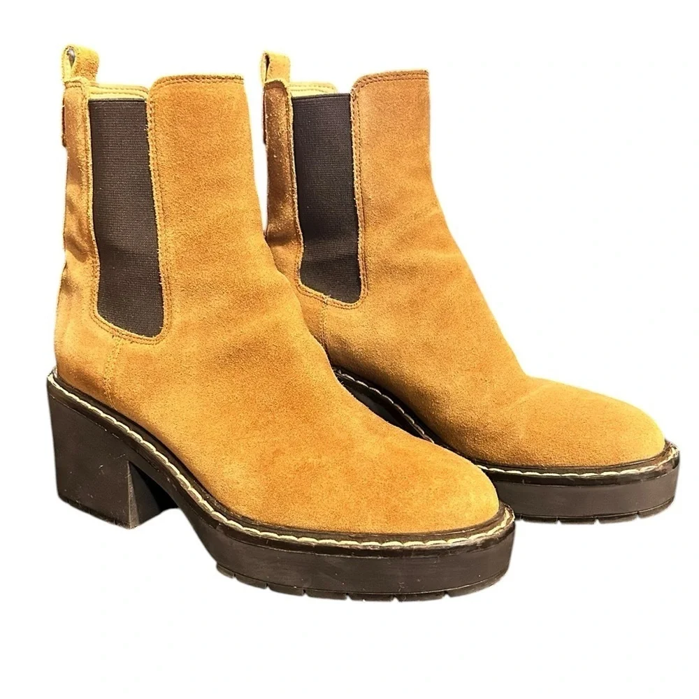 Sam Edelman Anderson Chelsie Boots Chestnut Tan Brown Suede Leather Chunky W7.5